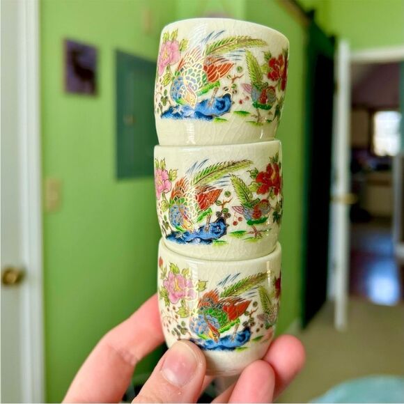 Oriental Vintage Rustic Retro Floral Bird Mini Cup Mug Collectible Set of 3 - Picture 10 of 11